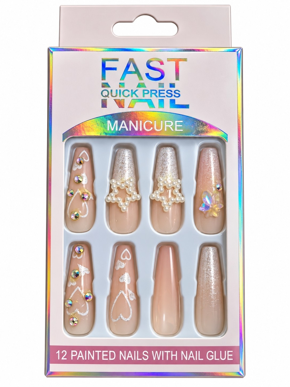 Quick Press Manicure Set - Nude Champagne Press-On Nails with Gems